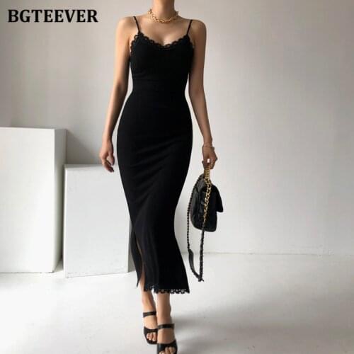 BGTEEVER Summer Sleeveless Women Bodycon Dress 2021 Elegant Lace Patchwork V-neck Side Split Female Spaghetti Strap Dresses