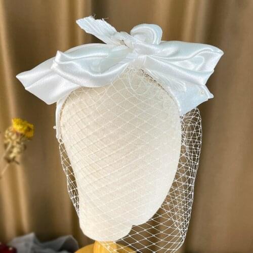 Bridal Birdcage Veil White Bow-Knot Headband Tiara Satin Hairbands Handmade Women Headware Wedding Accessories заколка бант