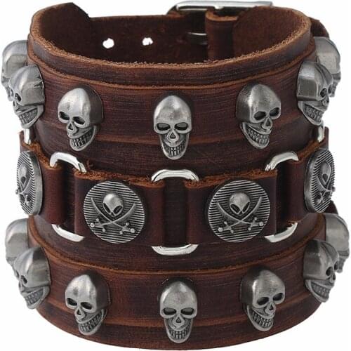 Rock Punk Wide Brown Genuine Cowhide Belt Buckle Skull Rivets Charm Wrap Leather Bracelets Men Women Homme Femme Jewelry