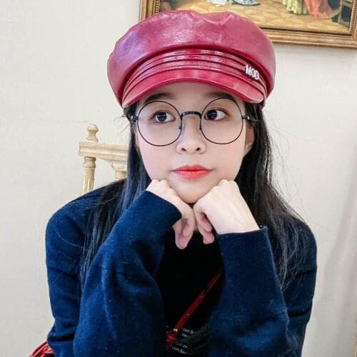 Fashion PU Leather Military Hat spring summer Sailor Hat For Women Black flat top Female travel cadet hat Captain Cap