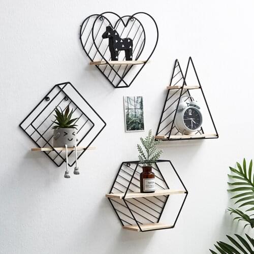 Nordic Wooden Iron Wall deco Shelf Hexagon Geometric Storage Rack Hanging Organizer for Kitchen Bathroom Home Decoration Holder