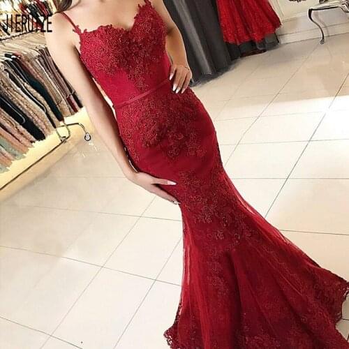 JIERUIZE Gorgeous Burgundy Wedding Dresses Lace Appliques Beads Spaghetti Strap Vestido De Noiva Backless Mermaid Wedding Gowns