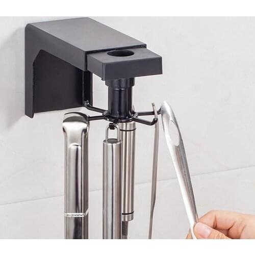 Punch-Free Retractable Rotating Hook Shelf Wall Rack Spatula Spoon Hanger Holder