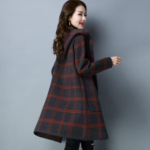 Top quality Plaid Hooded Knit Cardigan Womens Clothing Spring Autumn 2021 New Loose Sweater Jacket Plus Size Long Warm Outwear