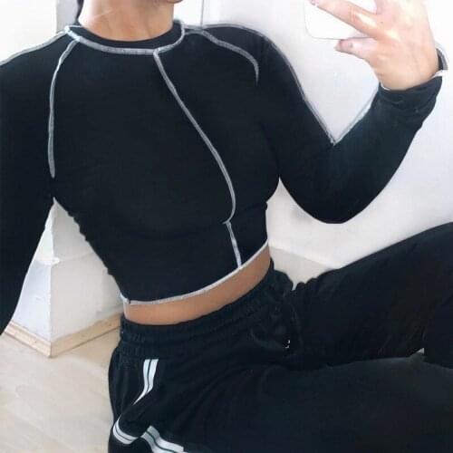 Womens Long Sleeve Slim Fit Black Street Stylish Cool Black T-Shirt Short Stretch Pullover Tee Tops mujer manga larga 2020 NEW