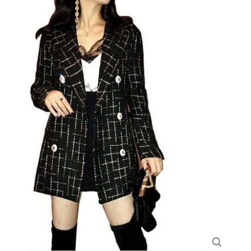 Vintage Plaid Tweed Jacket Women New Spring Streetwear Double Breasted Notched Pocket Jackets Long Sleeve Wool Outerwear Casaco