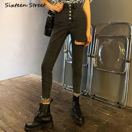 Female Pants Womens High Waist Ripped Jeans Breasted Korean Style Vintage Clothes Y2K Aesthetic New Button Skinny Jeans Fashion