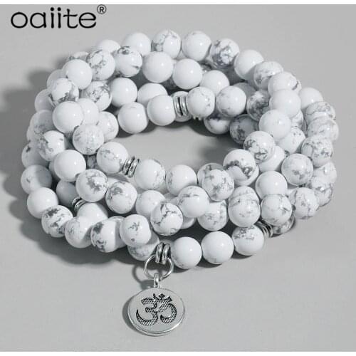 Womens Bracelet 8mm White Howlite with Lotus OM Buddha Charm Yoga Men Bracelet 108 Mala Natural Stone Beads Necklace Jewlery