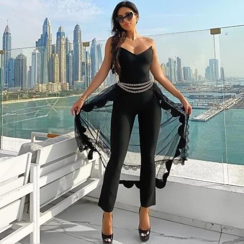 2020 Women Sexy Designer Lace Mesh Strapless Black Bandage Jumpsuit Bodycon High Street Celebrity Skinny Party Jumpsuit Rompers