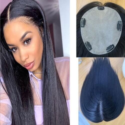 16*18cm Breathable Silk Base With Clip In Hair Toupee Remy Hairpiece Straight 14'' Natural Black Human Hair Silk Top Topper