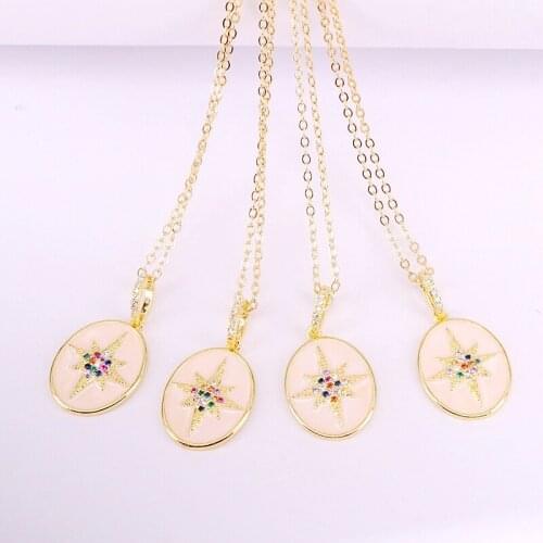 6PCS, Fashion Metal Filled CZ Micro Pave Copper Oval Shaped Colorful Zirconia Enamel Pendant Elegant Necklaces