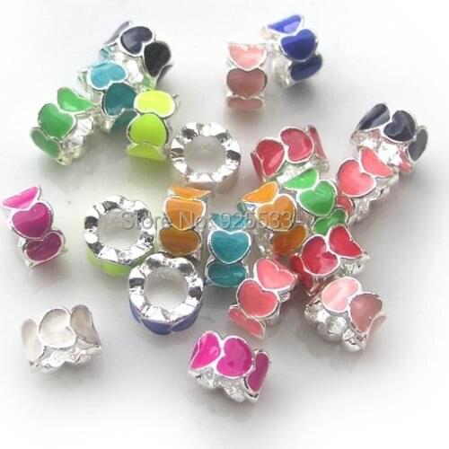 Free shipping 10x10x6mm 50pcs silver color oil-drip heart & heart alloy mix color big hole beads fit European bracelet DIY