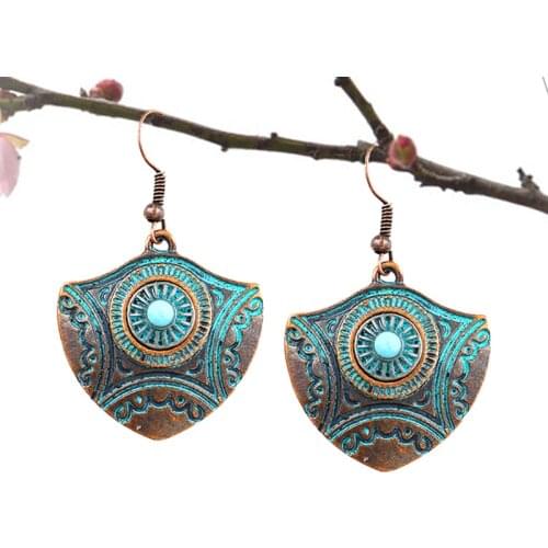 Bohemia Sector Shield Shape Geometry Earrings Retro Bronze Decorative Pattern Pendant Earrings For Women Jewelry Gifts