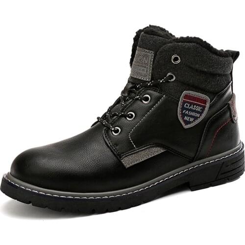 Leather Winter Boots Men Fashion Warm Walking Shoes Autumn Ankle Bootie Plush Casual Shoes Boys Non-Slip Sneakers for Outdoor