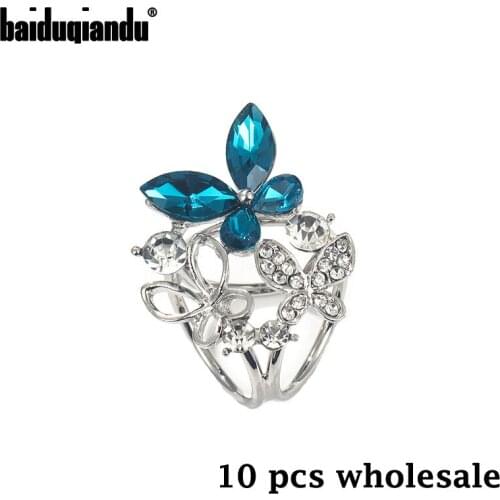 Baiduqiandu Brand 10pcs Wholesale Gorgeous Blue Crystal Butterfly Scarf Buckle Brooches Tie Clips for Women Scarf Jewelry Gift