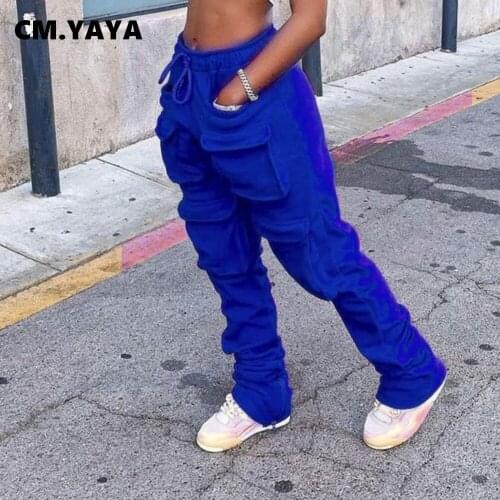 CM.YAYA Women Pants Solid Multiple Pockets Loose Straight Long Trousers Female Fashion High Streetwear Stylish Casualwear Autumn