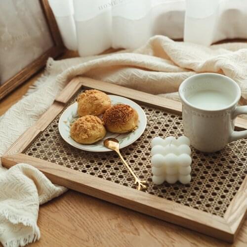 Household Japanese Rattan Wooden Storage Plate Ins Nordic Tea Tray Breakfast Retro Decorations and Ornaments Tray