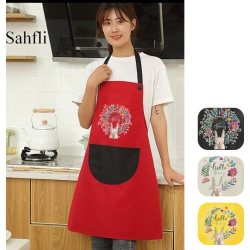 Household Kitchen Hanging Neck Aprons Adult Apron with Pocket Cute Rabbit Wreath Waterproof Fashion Antifouling Working Clothing