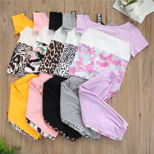 2-7Years Fashion Toddler Kids Girls Summer Clothes Short Sleeve Patchwork T-shirts Tops+Long Pants Casual Sport Tracksuits
