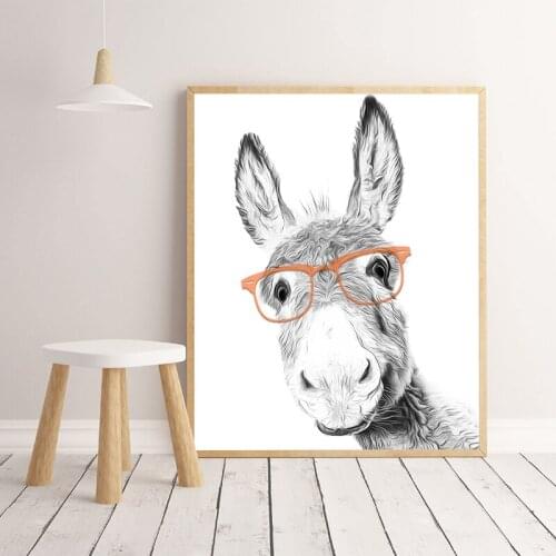 Farm Animal Donkey Canvas Art Poster Prints Nursery Kids Room Wall Decor Donkey With Glasses Black White Wall Picture Painting