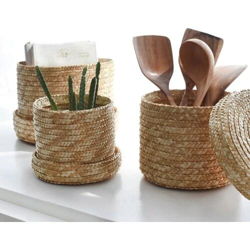 Woven Storage Basket Corn Husk Cosmetic Organizer Box Sundries Storage Baskets with Lid for Snacks Candy Desktop Decor