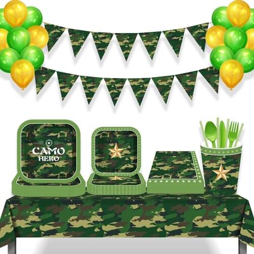 MM101 Cosplay Army Officers and Soldiers Camouflage Military Theme Birthday Party Disposable Tablecloths Tableware Sets Plates