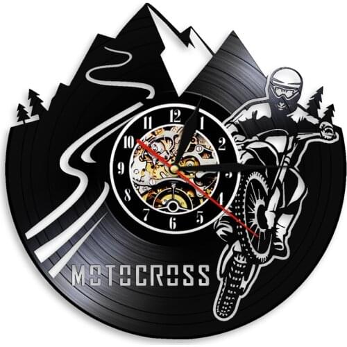 Motocross Moto Rally Wall Clock Motorcycle Racing Sports Vinyl Record Wall Clock Non Ticking With LED Night Light Wall Art