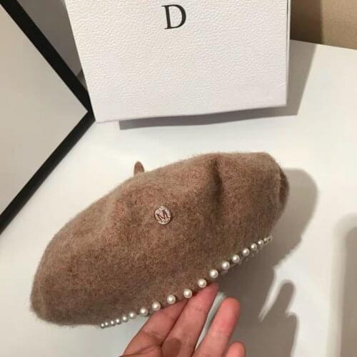 01911-jiejia-pearl New Autumn Winter Pearl Wool Lady Beret Cap Women Leisure Painter Hat