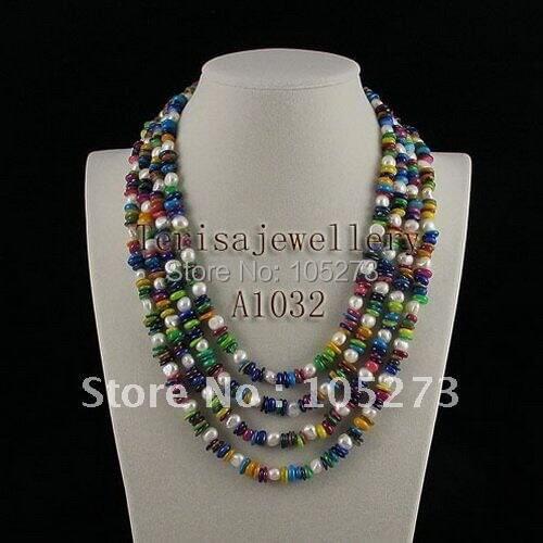 New Free Shipping A1032# AA Size 6-7MM Length 80inch Mixes Color Shell White Color Fresh Water Pearls Long Necklace