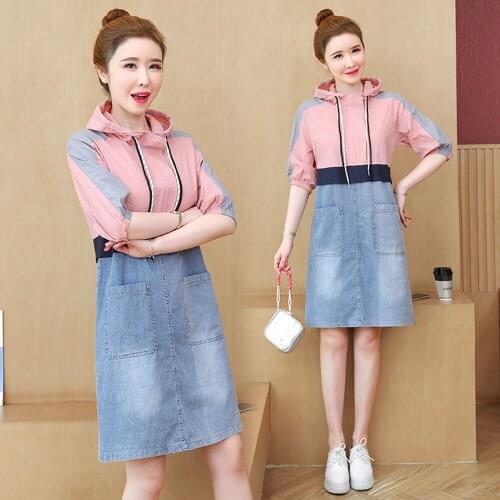 New Summer Style Women Dresses Casual Loose Half Lantern Sleeve Hooded Collar Patchwork Jeans For Females Slim Denim One-Piece