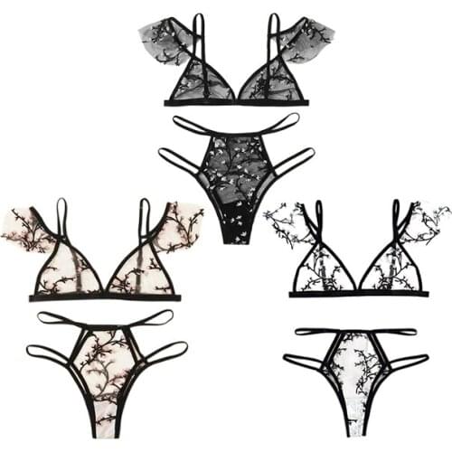 Sexy transparent 3/4 Cup Bra Sets Underwear For Women Wire Free Thin Lingerie Breathable intimates bras set lace bra for girls