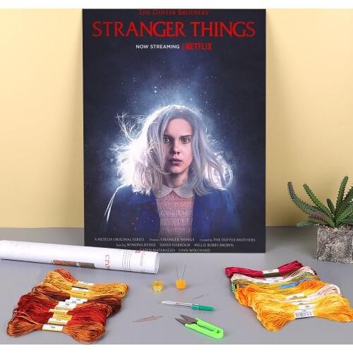 Stranger Things Poster Character Printed Water-Soluble Canvas 11CT Cross Stitch Embroidery Set DMC Threads Adults