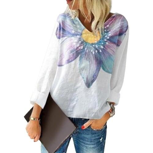 Hot Women Shirts Stylish Full Long Sleeve V Neck Floral Print Cotton Linen Blouse Plus Size Blouse Shirt