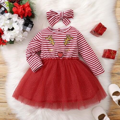 Toddler Baby Girls Christmas Santa Striped Print Tulle Dress + Headband Princess Red Mesh Party Dress Children Xmas Dress