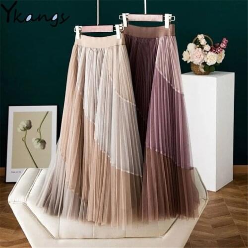 Mesh Printed Pleated Skirt Womens Empire Bohemia 2021 Long Brown Rainbow Skirt Korean Office Ladies Elastic High Waist Skirt