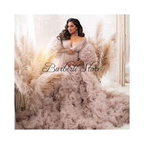 Sexy See Thru Lush Ruffles Tulle Long Robe For Pregnant Women Dress Puffy Sleeves Prom Gown Tiered Tulle Maternity Dress
