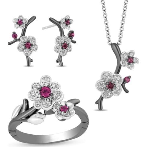 Rhinestone Plum Blossom Flower Women Necklace Ear Stud Earrings Finger Ring Suitable for parties weddings