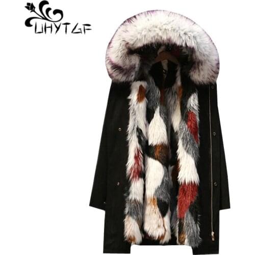 UHYTGF Parker womens Imitation Fox fur liner Winter fur coat hooded casual warm jacket Loose Cold resistance plus size coats 386