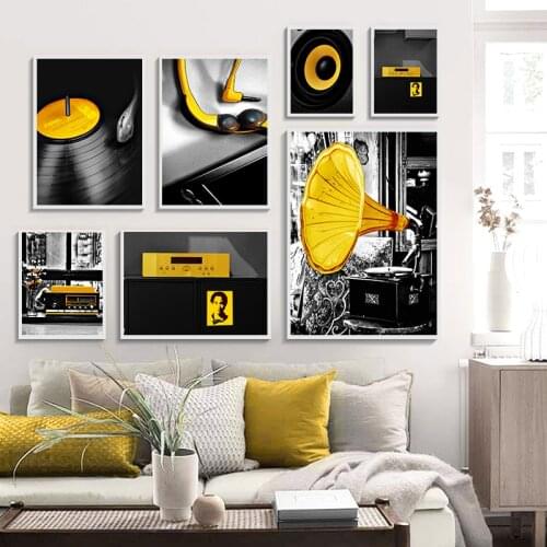 Vintage Black Yellow Music Record Wall Art Canvas Painting Nordic Posters and Prints Wall Pictures for Living Room Home Decor