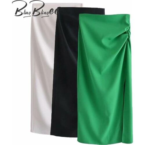 BlingBlingee High Waist Zipper Back Ruched Detail Split Side Women Casual Straight Midi Skirts 2021 Summer Green Femme Jupe