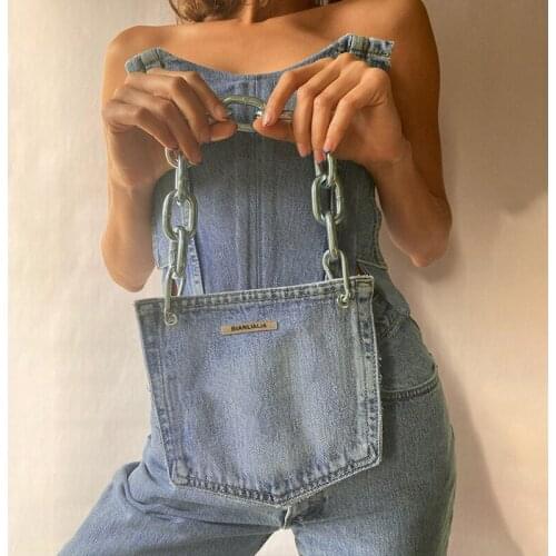 Denim Tube Top Corset + Bag Two Pieces Women Stylish Blue Patchwork Strappy Backless Tops Casual Streetwear Strapless Club Tanks