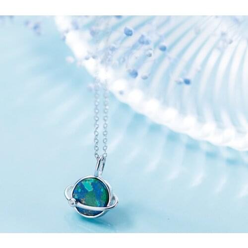 Dingxu 925 Sterling Silver Blue Green Earth Pendant Necklace Boho Jewelry Accessories Choker Planet Necklace Dropshipping