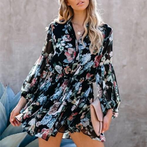 Women Ruffles Floral Printed Lace Up Waist Dress 2020 Autumn Lantern Sleeve Pleated Asymmetrical Buttons Sundress Short Dress