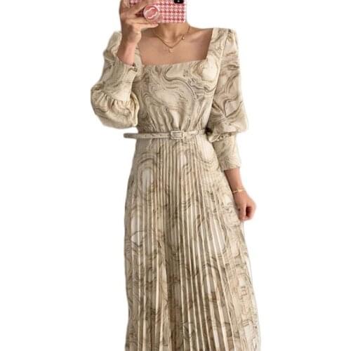2021New Elegant Square Collar Women Pleated Dress Ladies Long Sleeve Slim Belted Sashes Female Printed Dress Fashion Vestidos
