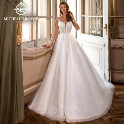 Michelle Royce A-Ling Wedding Dresses 2020 Sexy V-Neckline Appliques Illusion Button Chapel Train Bridal Gowns Vestido De Noiva