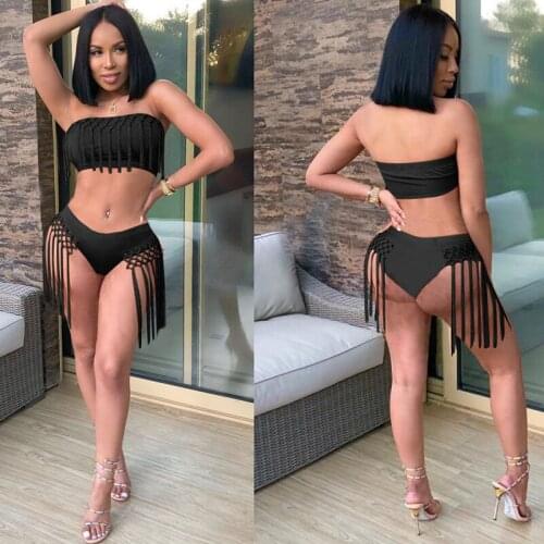 2021 Sexy Solid Black Tassel Patchwork Two Piece Set Bikini Set Off The Shouler Crop Top And Underpants Beach Wear S-XL