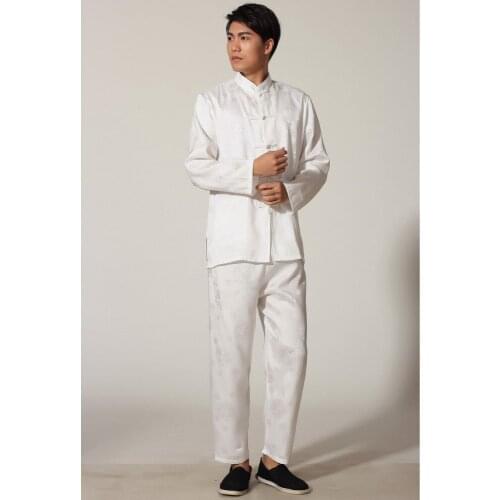 White Plus Size XXXL Chinese Mens Satin Wu Shu Uniform Long Sleeve Kung Fu Tai Chi Suit Novelty Dragon Wu Shu Clothing 011319