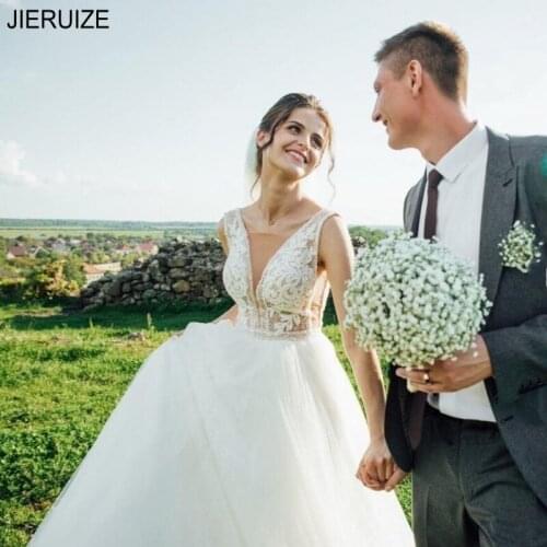 JIERUIZE Elegant Summer Wedding Dresses V Neck Backless Lace Appliques A Line Beach Wedding Gowns Custom Made vestido de noiva