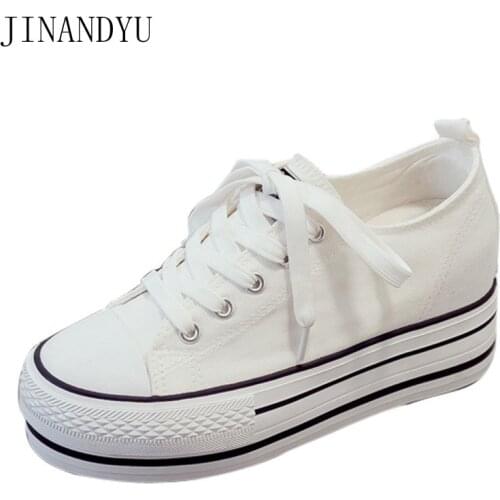 Platform Canvas Shoes Women 8 Cm Wedge Sneakers Black White Shoes Woman Korean Fashion Lace-up Vulcanize Shoes for Women