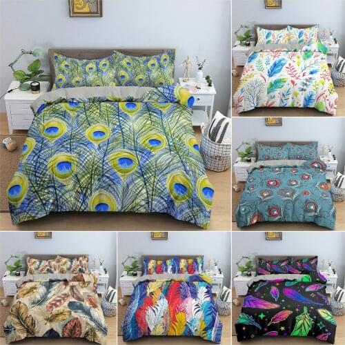 Colorful Feathers Pattern Bedding Set Soft Cozy Duvet Cover Set Luxury King Queen Quilt Cover for Bedroom Decor 2/3Pcs